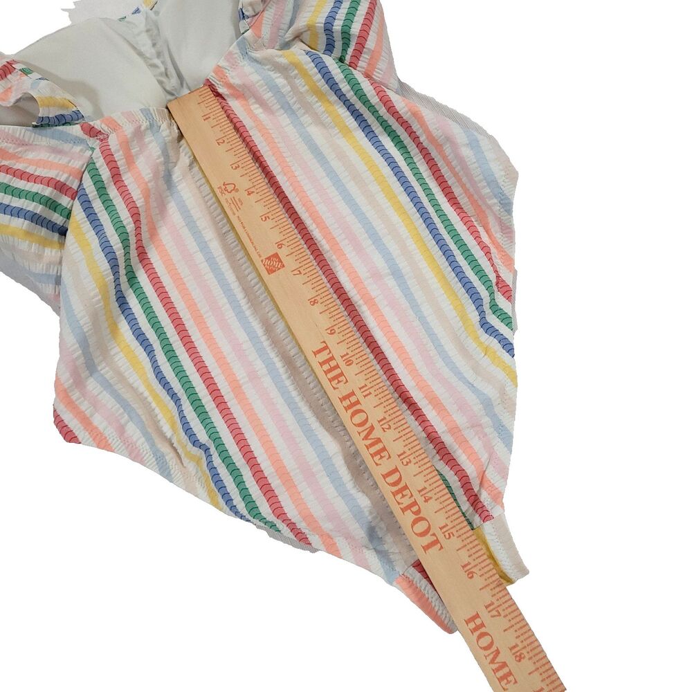J crew Striped Seersucker Swimsuit 1pc 12 Rainbow Stretch Flutter Sleeves Preppy - Picture 12 of 12